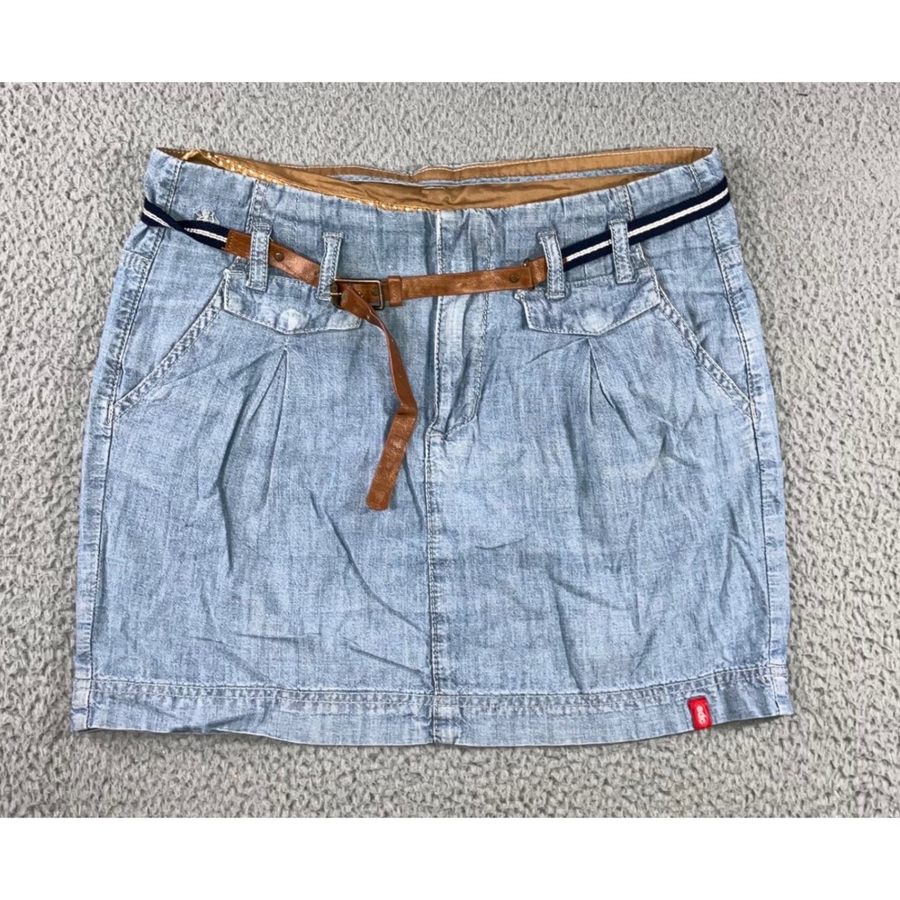 VTG edc by Esprit Denim Mini Skirt Women L 36 Pleated Belted y2k Preppy Festival